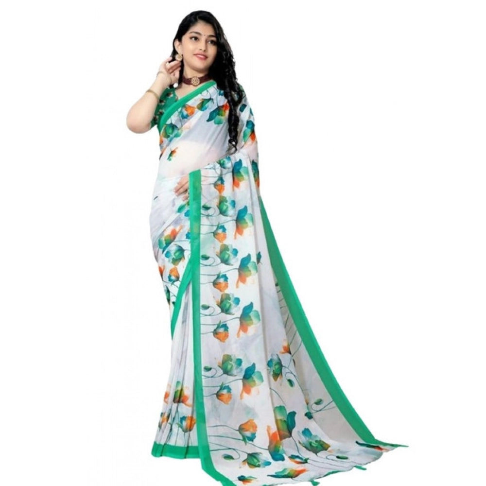 Women's Georgette Floral Printed Saree With Unstitched Blouse 5.5Mtr (Green)