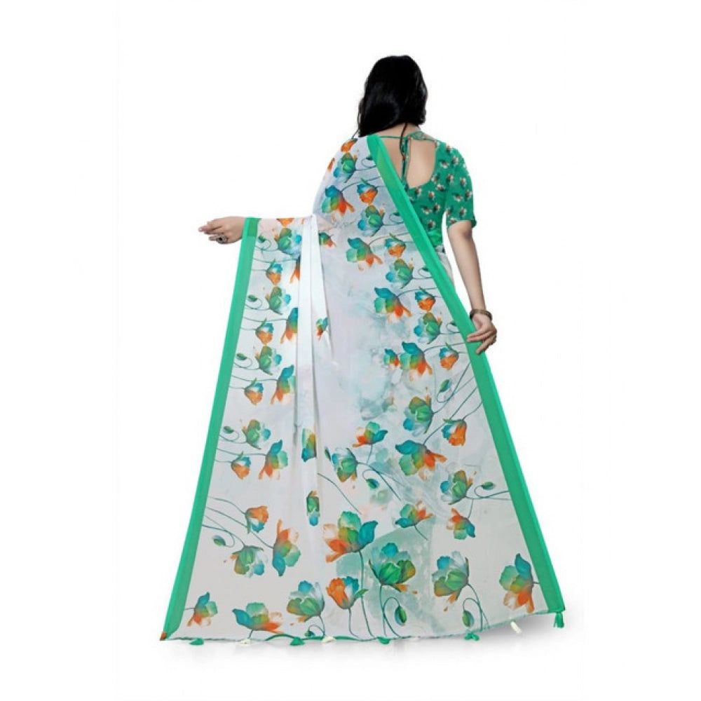 Women's Georgette Floral Printed Saree With Unstitched Blouse 5.5Mtr (Green)