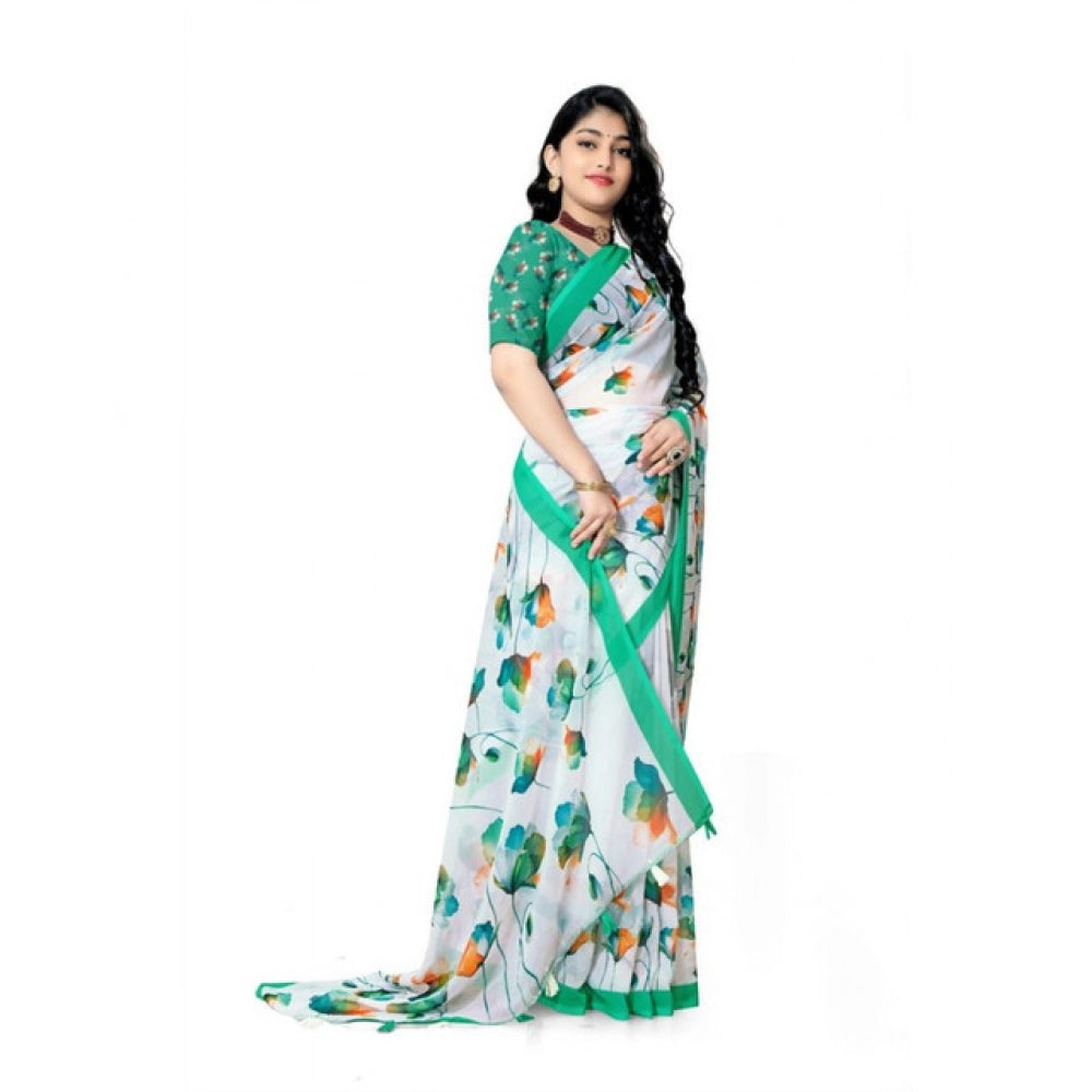 Women's Georgette Floral Printed Saree With Unstitched Blouse 5.5Mtr (Green)