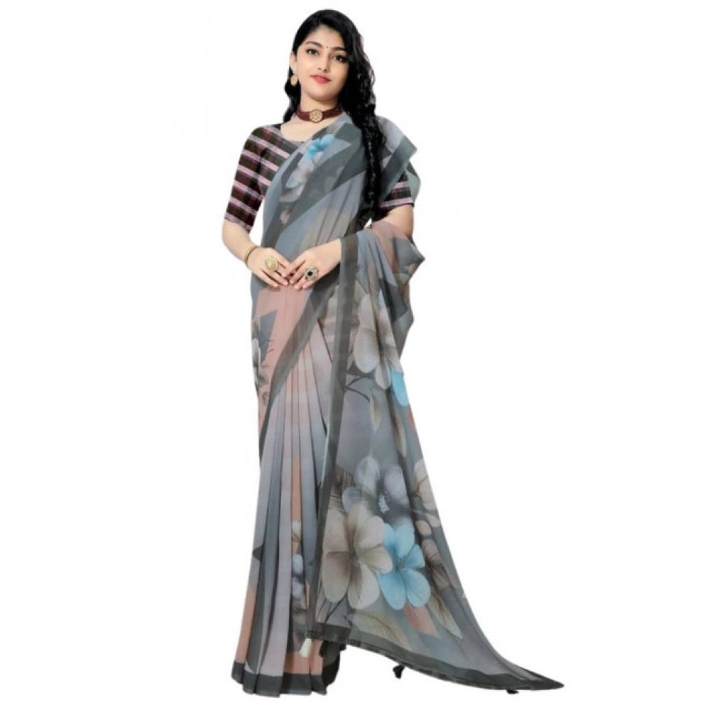 Women's Georgette Floral Printed Saree With Unstitched Blouse 5.5Mtr (Grey)