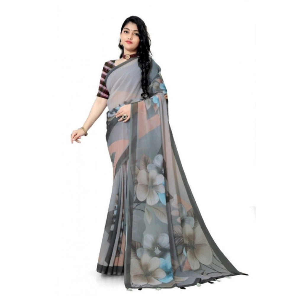 Women's Georgette Floral Printed Saree With Unstitched Blouse 5.5Mtr (Grey)