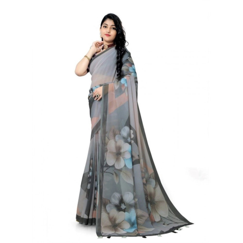 Women's Georgette Floral Printed Saree With Unstitched Blouse 5.5Mtr (Grey)