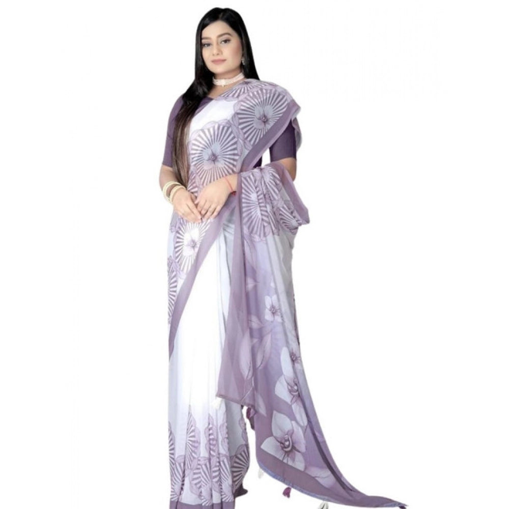 Women's Georgette Floral Printed Saree With Unstitched Blouse 5.5Mtr (Lavender)