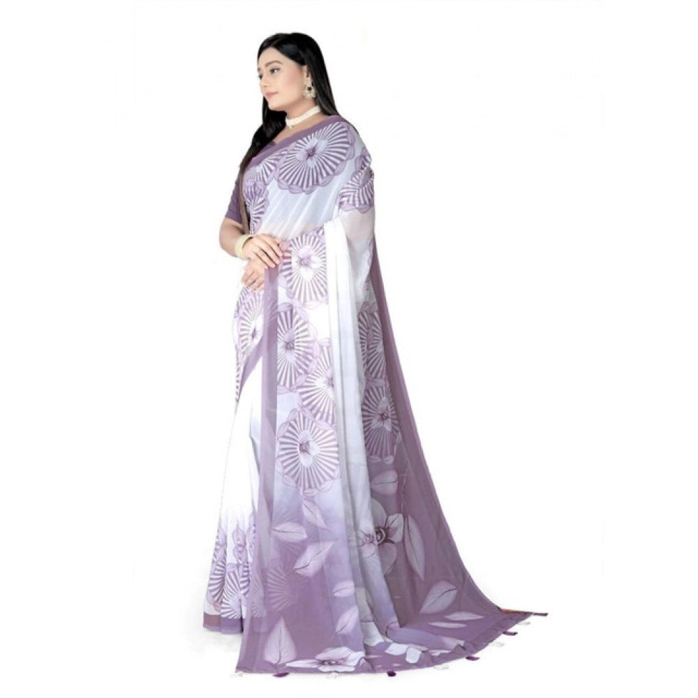 Women's Georgette Floral Printed Saree With Unstitched Blouse 5.5Mtr (Lavender)