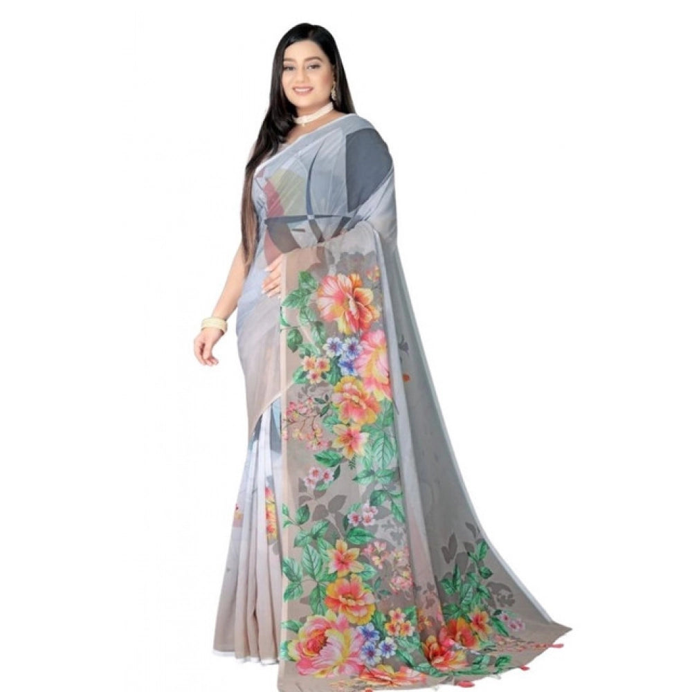 Women's Georgette Floral Printed Saree With Unstitched Blouse 5.5Mtr (Grey)