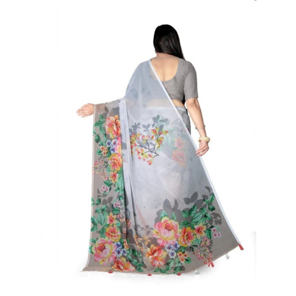 Women's Georgette Floral Printed Saree With Unstitched Blouse 5.5Mtr (Grey)