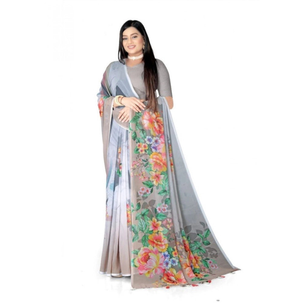 Women's Georgette Floral Printed Saree With Unstitched Blouse 5.5Mtr (Grey)