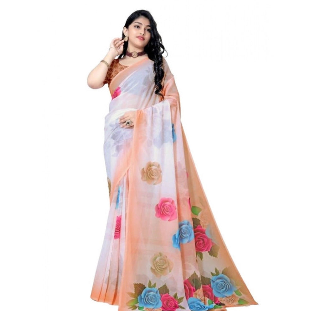 Women's Georgette Floral Printed Saree With Unstitched Blouse 5.5Mtr (Orange)
