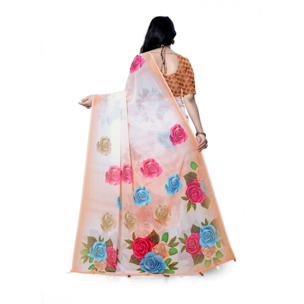 Women's Georgette Floral Printed Saree With Unstitched Blouse 5.5Mtr (Orange)