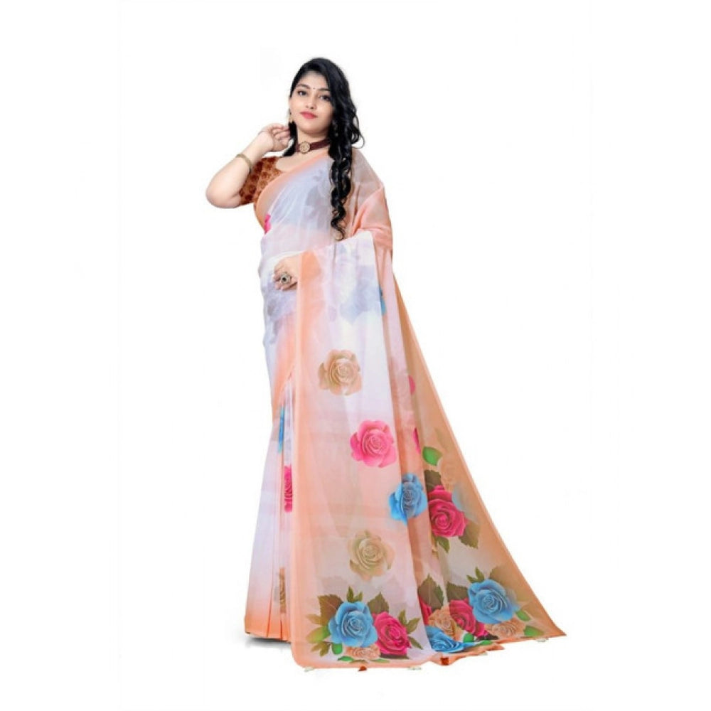Women's Georgette Floral Printed Saree With Unstitched Blouse 5.5Mtr (Orange)