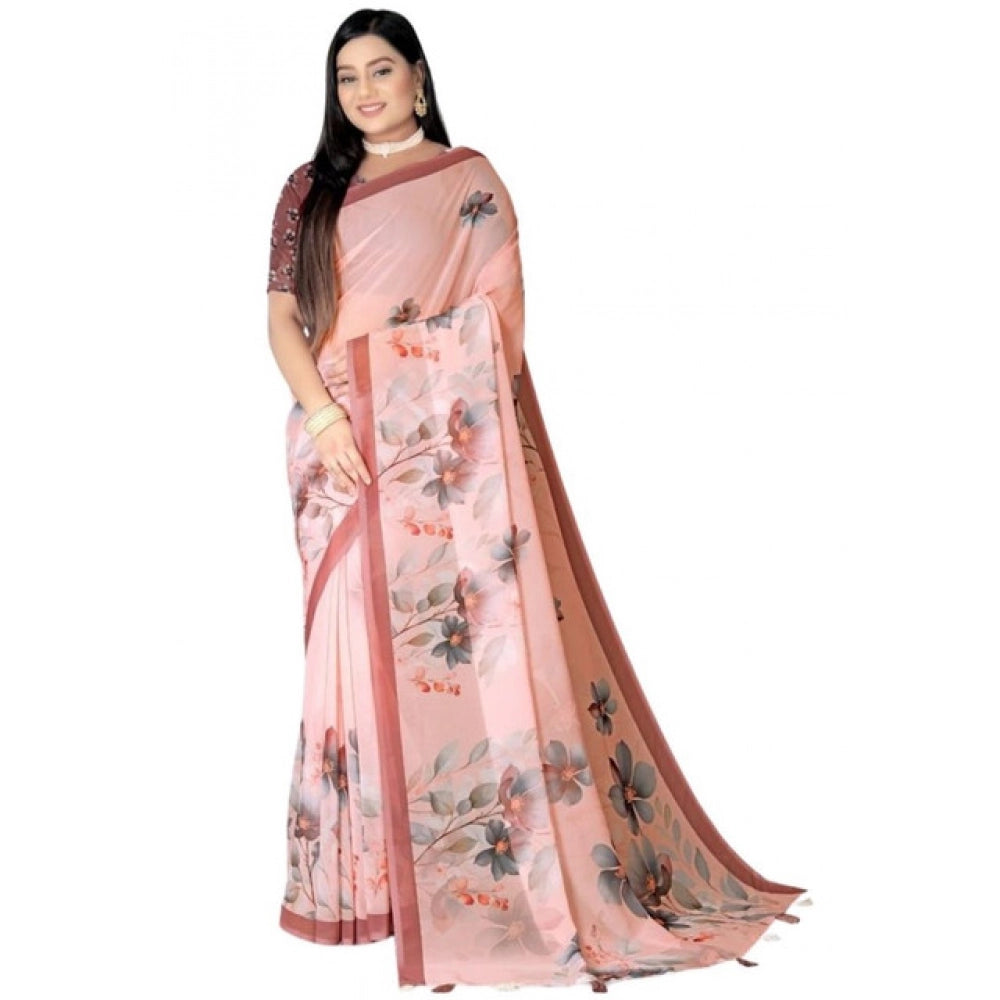 Women's Georgette Floral Printed Saree With Unstitched Blouse 5.5Mtr (Peach)