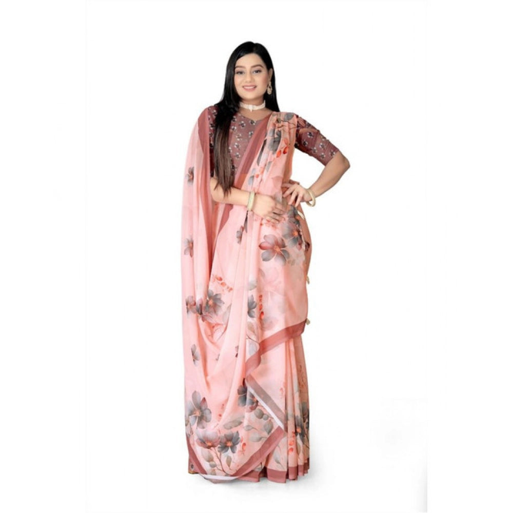 Women's Georgette Floral Printed Saree With Unstitched Blouse 5.5Mtr (Peach)