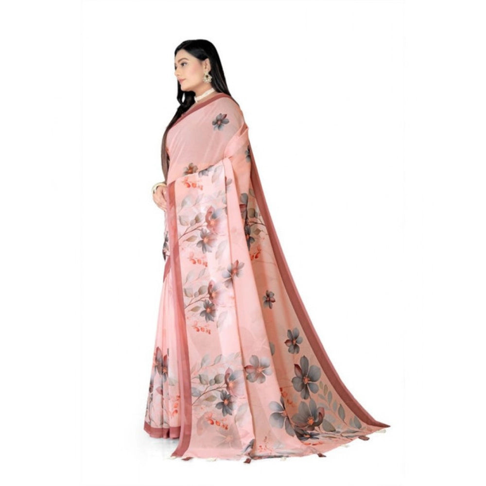 Women's Georgette Floral Printed Saree With Unstitched Blouse 5.5Mtr (Peach)