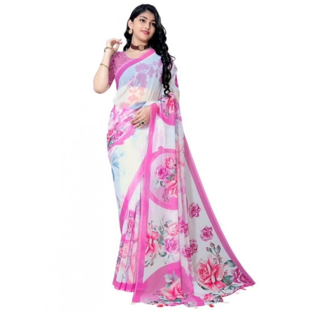 Women's Georgette Floral Printed Saree With Unstitched Blouse 5.5Mtr (Pink)