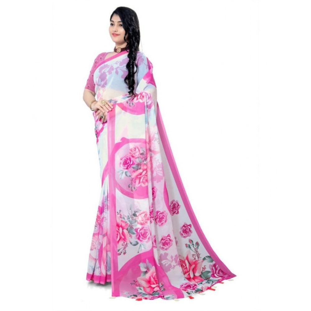 Women's Georgette Floral Printed Saree With Unstitched Blouse 5.5Mtr (Pink)