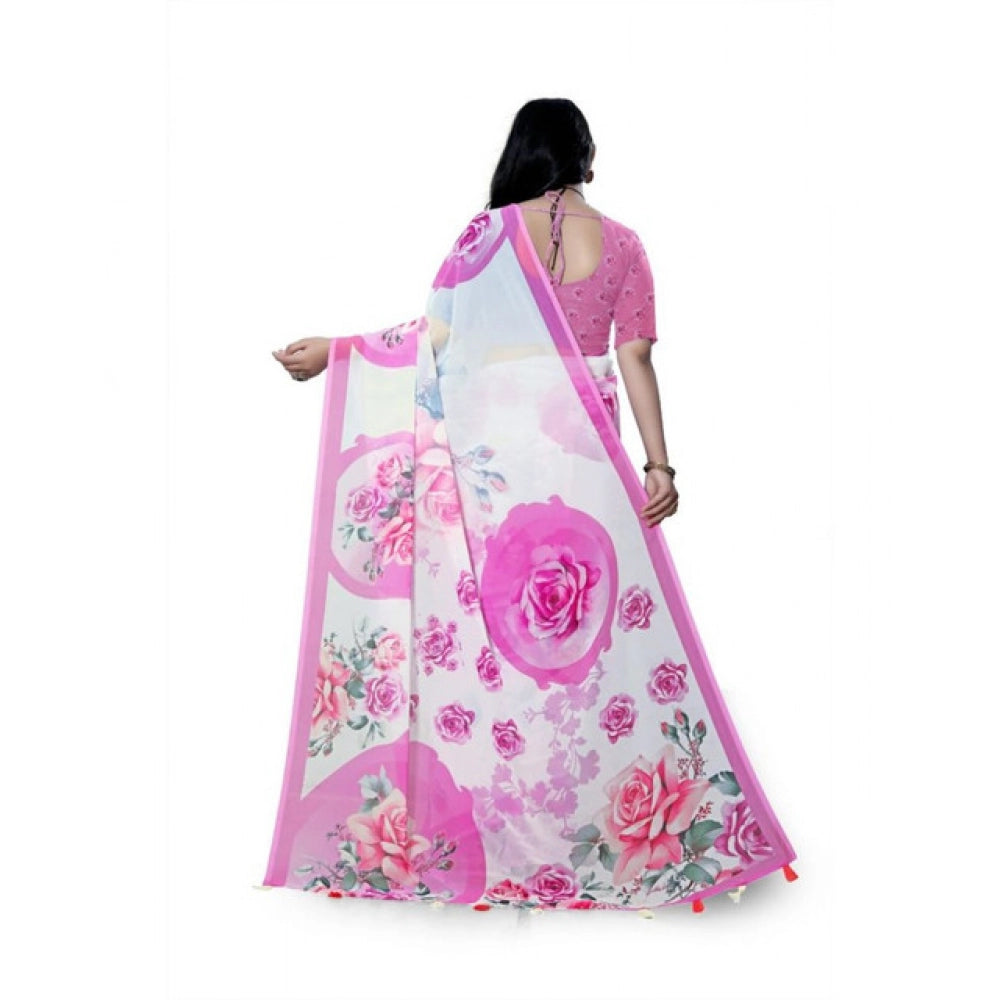 Women's Georgette Floral Printed Saree With Unstitched Blouse 5.5Mtr (Pink)