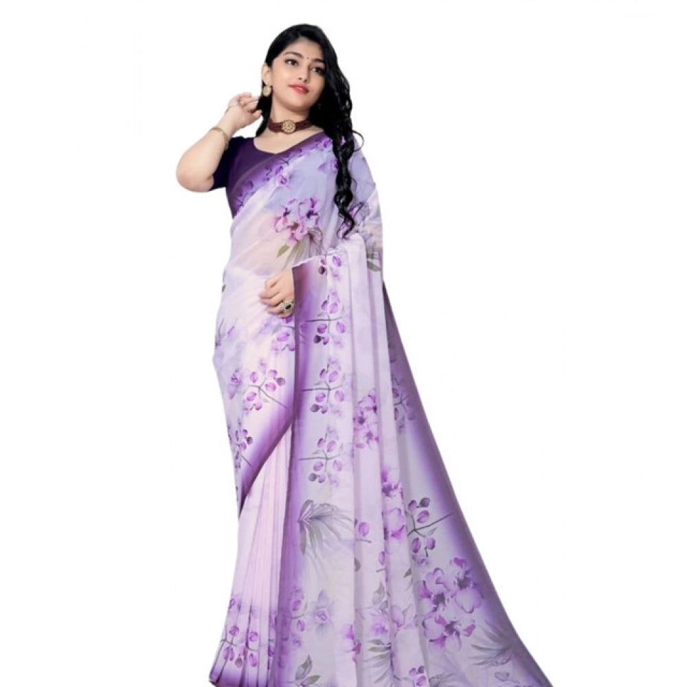 Women's Georgette Floral Printed Saree With Unstitched Blouse 5.5Mtr (Purple)