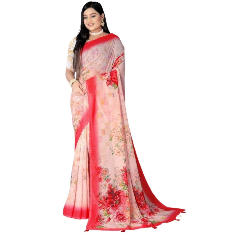 Women's Georgette Floral Printed Saree With Unstitched Blouse 5.5Mtr (Red)
