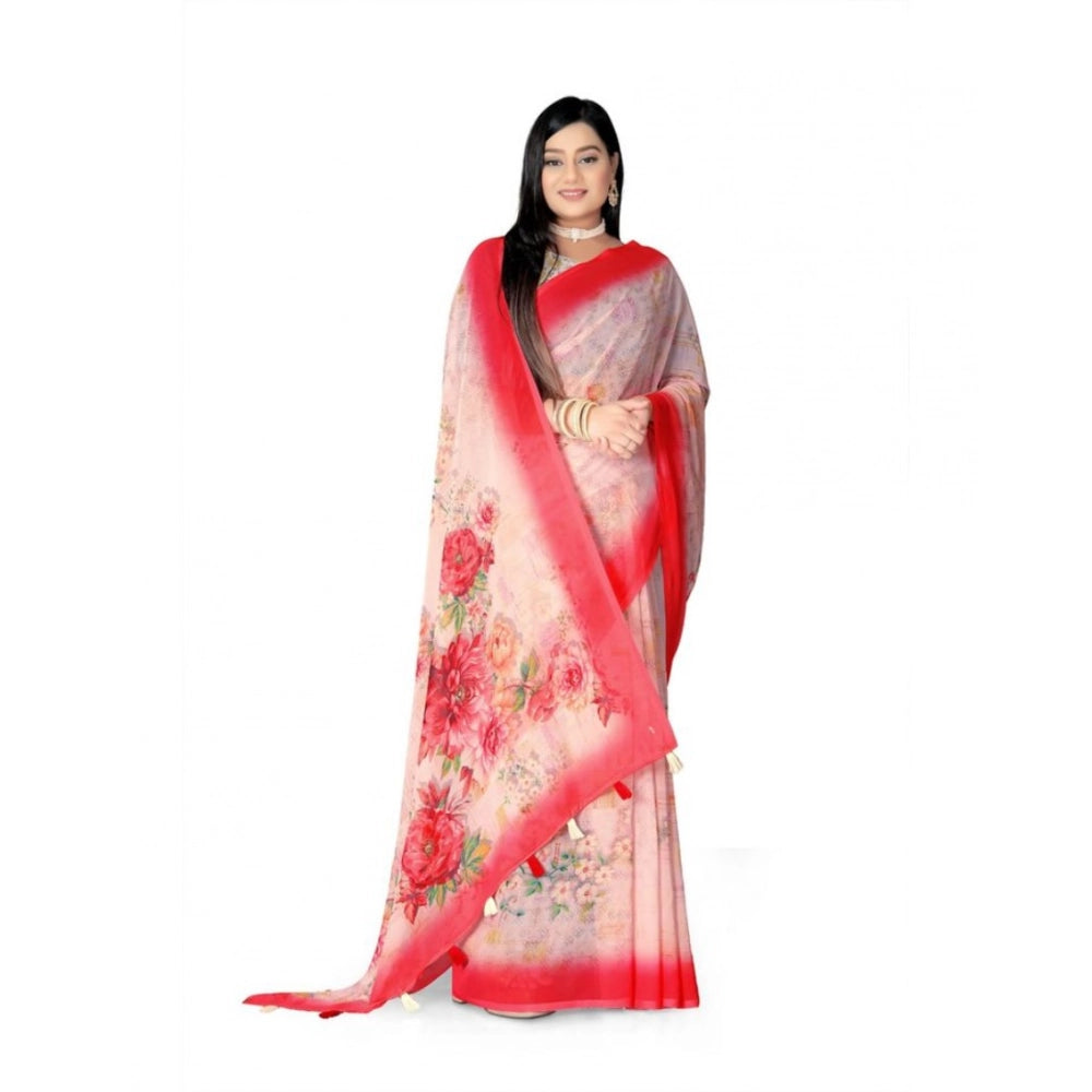 Women's Georgette Floral Printed Saree With Unstitched Blouse 5.5Mtr (Red)