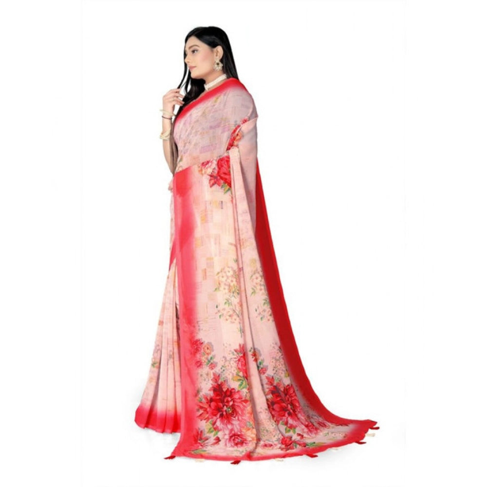 Women's Georgette Floral Printed Saree With Unstitched Blouse 5.5Mtr (Red)