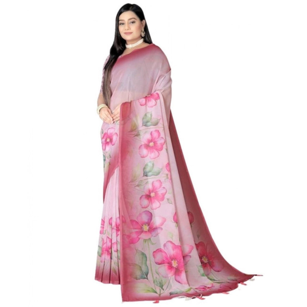Women's Georgette Floral Printed Saree With Unstitched Blouse 5.5Mtr (Rose Pink)
