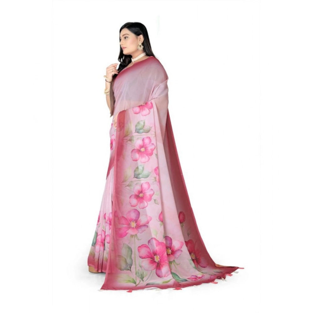 Women's Georgette Floral Printed Saree With Unstitched Blouse 5.5Mtr (Rose Pink)