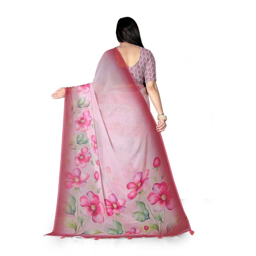 Women's Georgette Floral Printed Saree With Unstitched Blouse 5.5Mtr (Rose Pink)