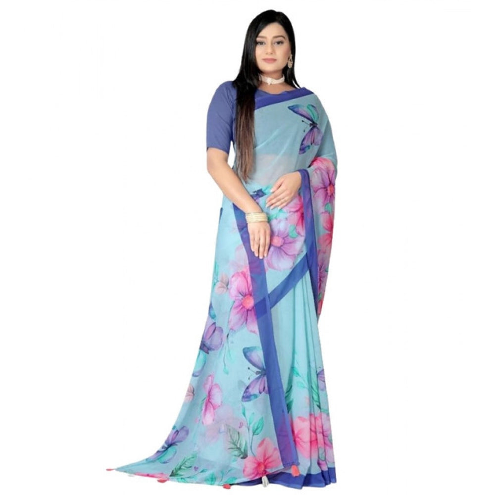 Women's Georgette Floral Printed Saree With Unstitched Blouse 5.5Mtr (Blue)