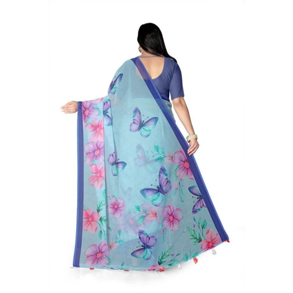 Women's Georgette Floral Printed Saree With Unstitched Blouse 5.5Mtr (Blue)