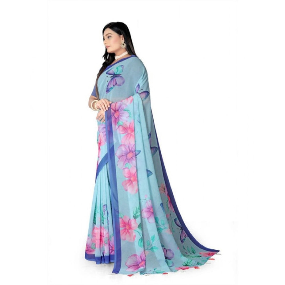 Women's Georgette Floral Printed Saree With Unstitched Blouse 5.5Mtr (Blue)