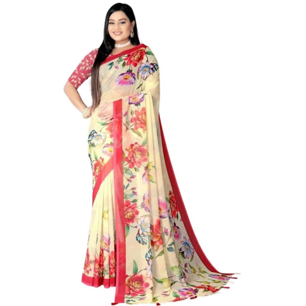 Women's Georgette Floral Printed Saree With Unstitched Blouse 5.5Mtr (Yellow)