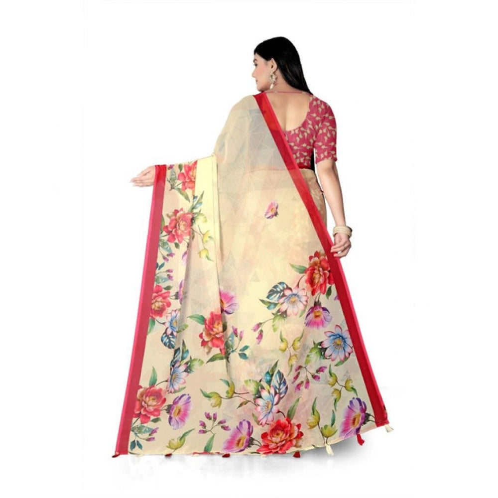 Women's Georgette Floral Printed Saree With Unstitched Blouse 5.5Mtr (Yellow)