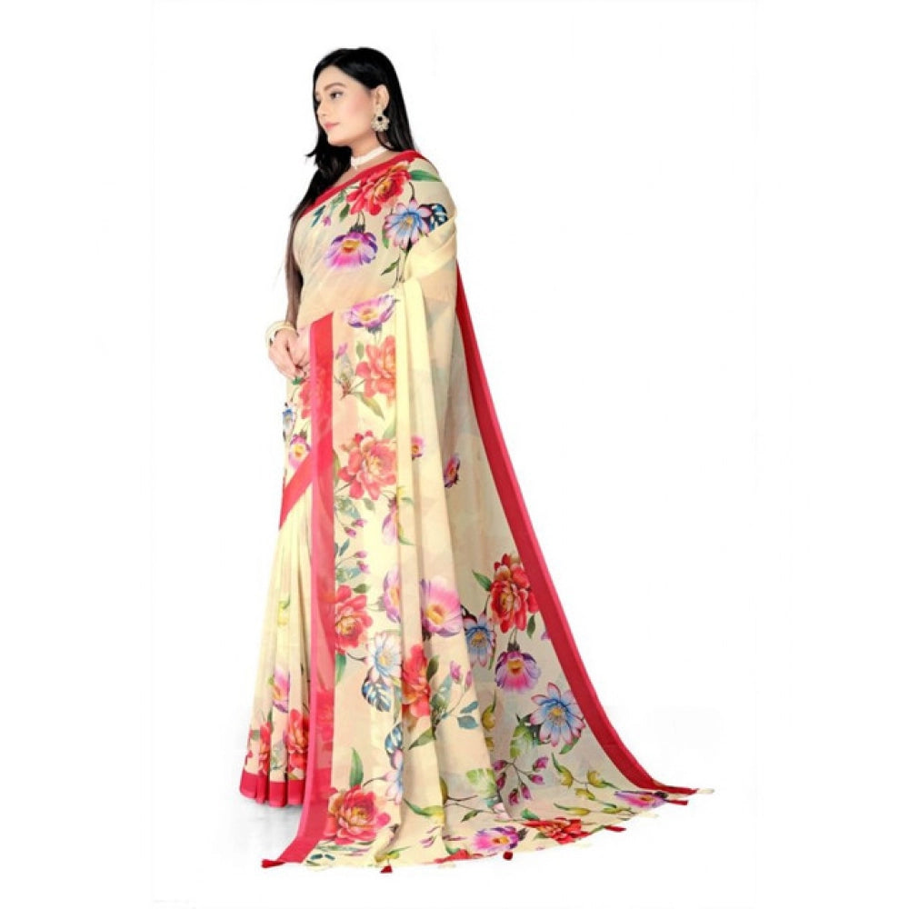 Women's Georgette Floral Printed Saree With Unstitched Blouse 5.5Mtr (Yellow)