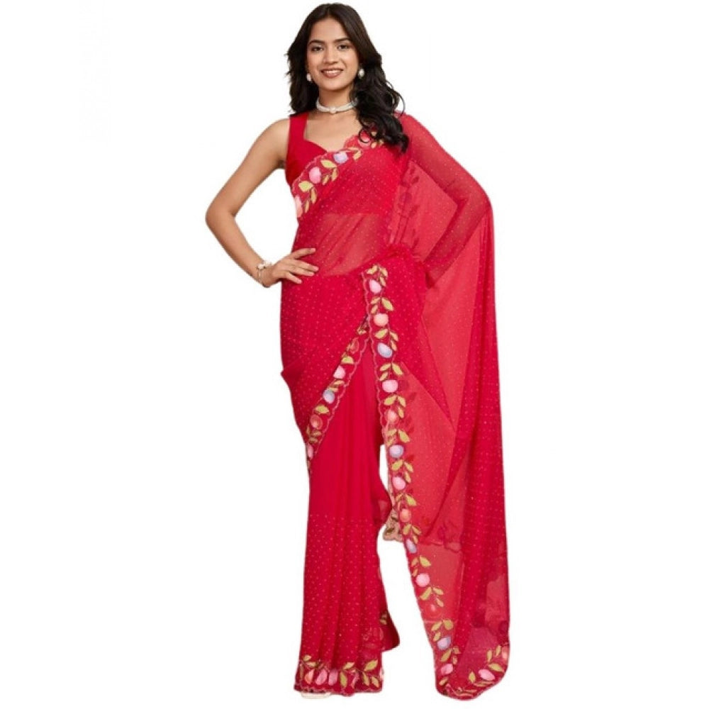 Women's Georgette Printed Saree With Unstitched Blouse 5.5Mtr (Red)