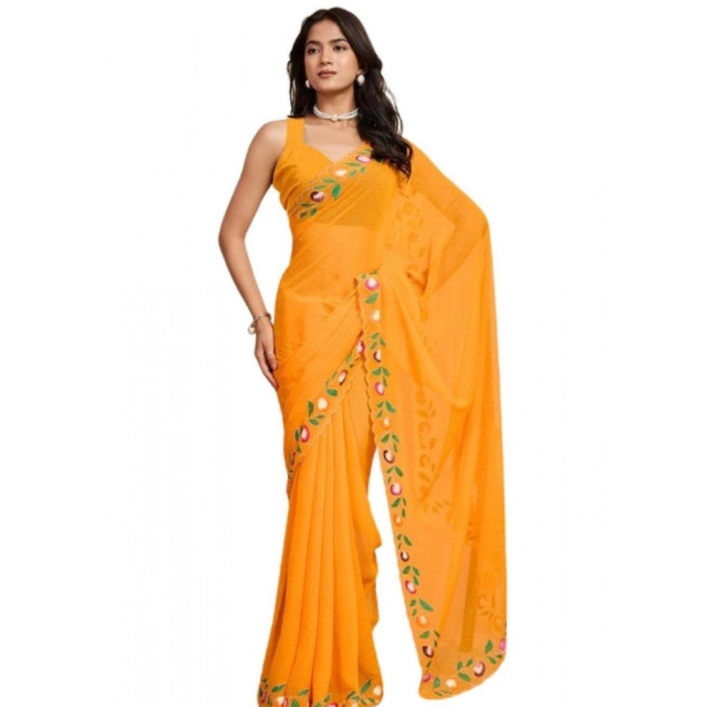Women's Georgette Printed Saree With Unstitched Blouse 5.5Mtr (Yellow)