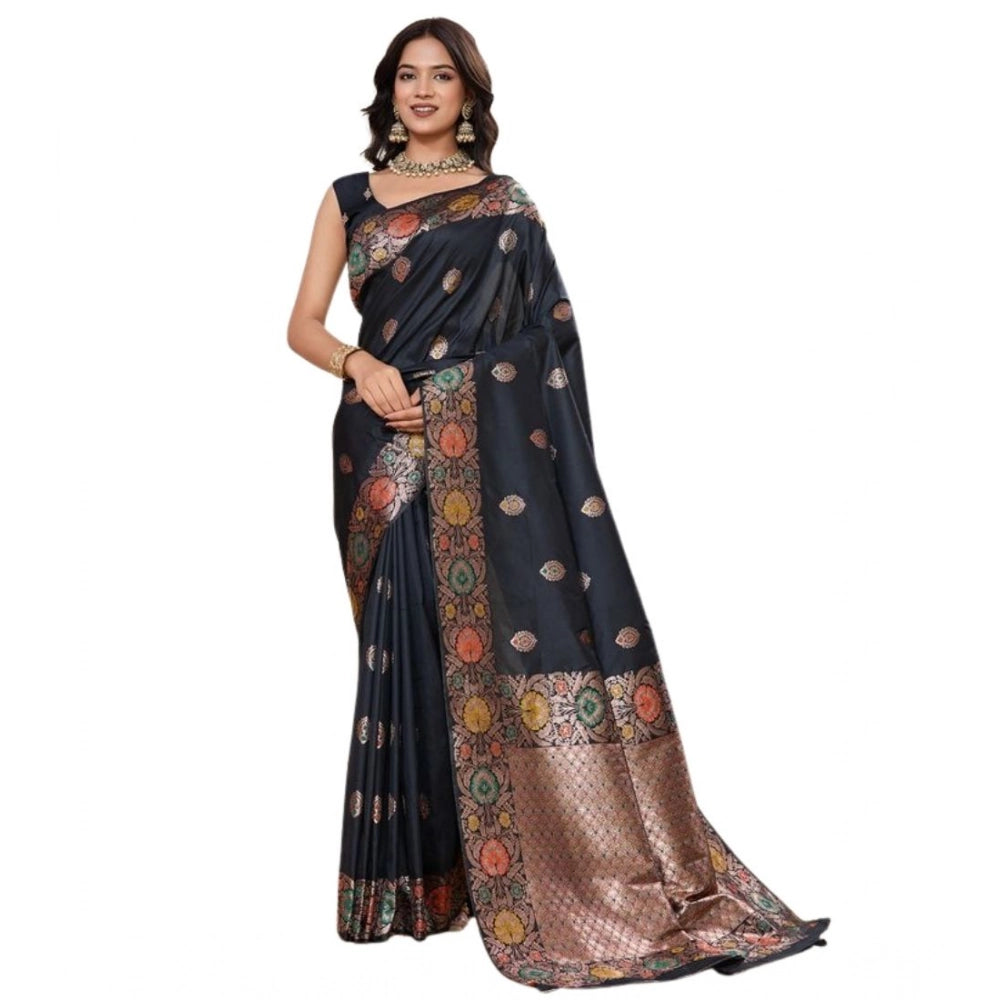 Women's Faux_Banarasi_Silk Woven Saree With Unstitched Blouse 5.5Mtr (Black)