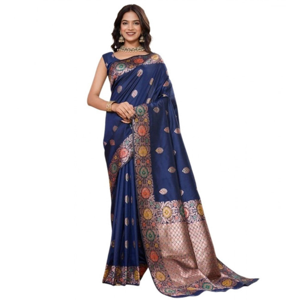 Women's Faux_Banarasi_Silk Woven Saree With Unstitched Blouse 5.5Mtr (Navy_Blue)