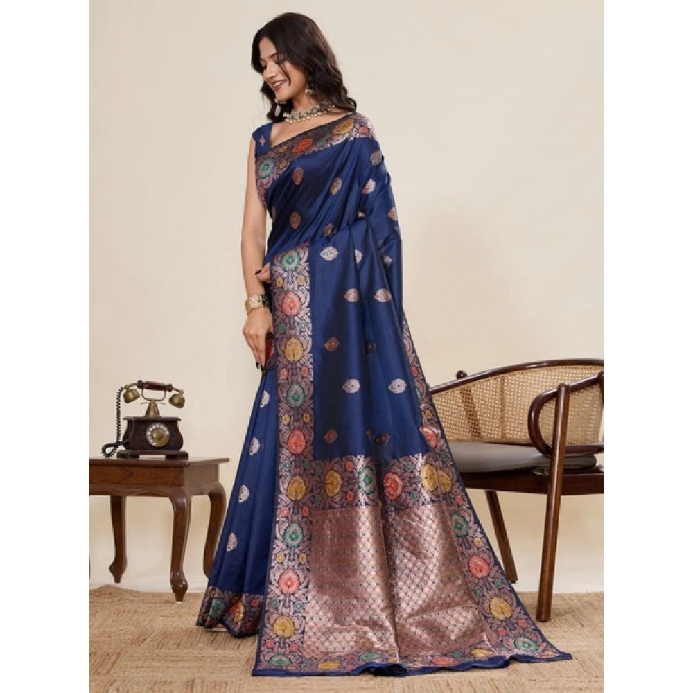Women's Faux_Banarasi_Silk Woven Saree With Unstitched Blouse 5.5Mtr (Navy_Blue)