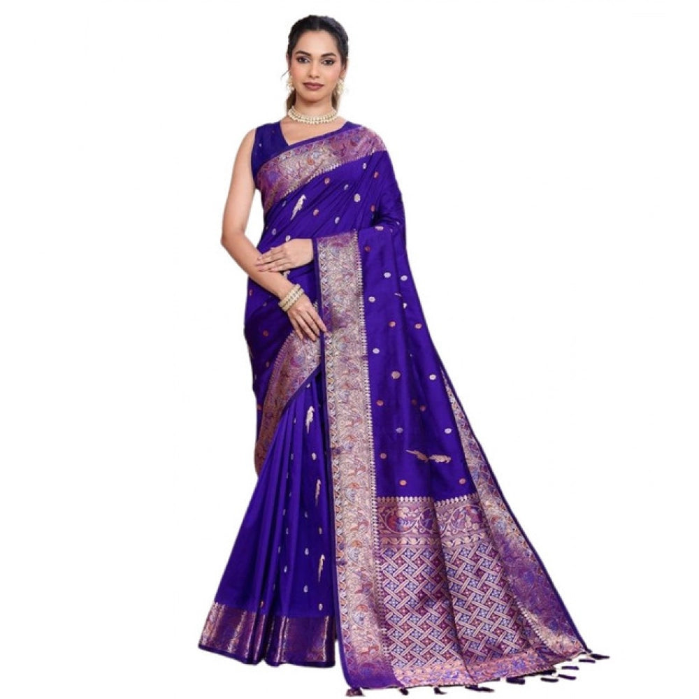 Women's Jacquard Woven Saree With Unstitched Blouse 5.5Mtr (Blue)