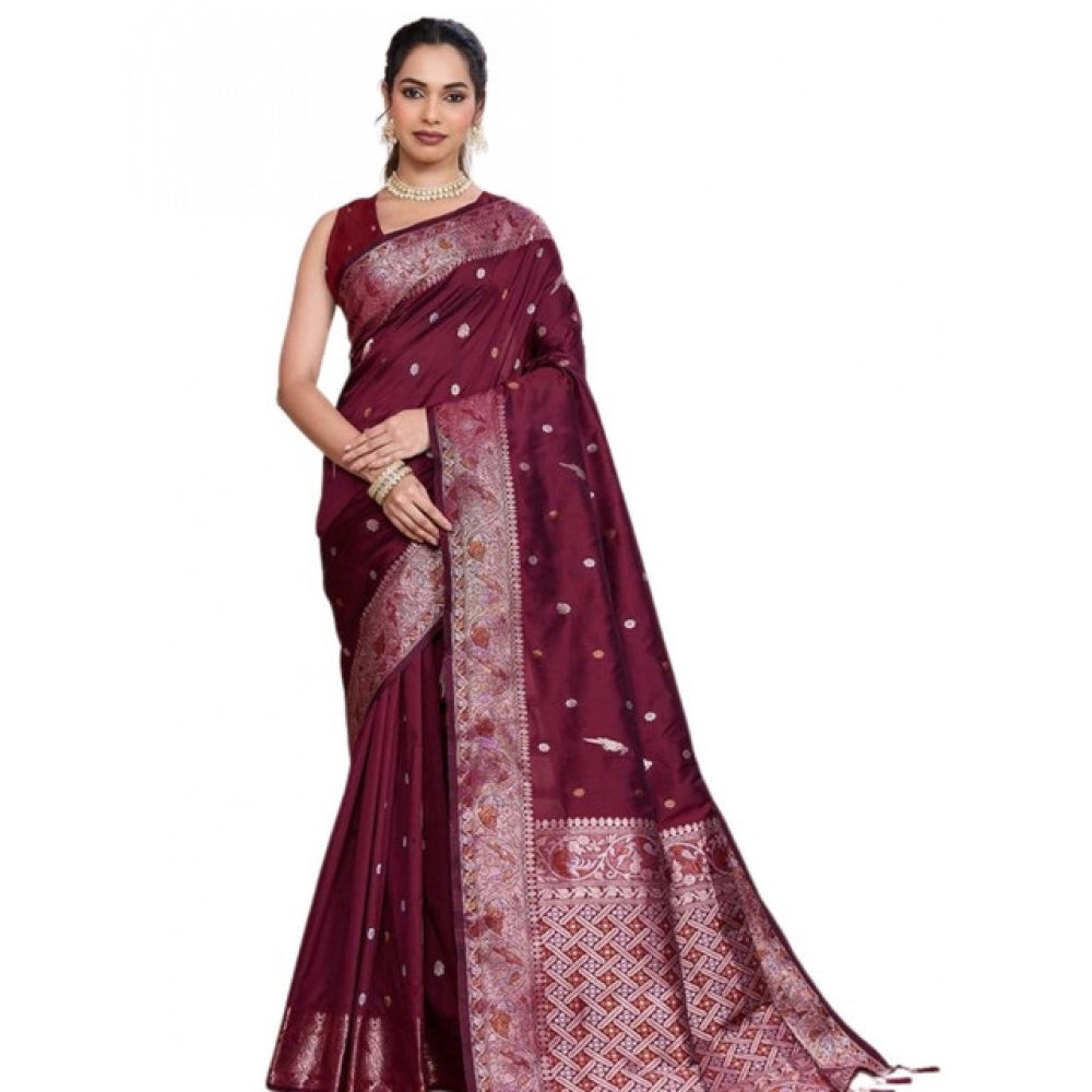 Women's Jacquard Woven Saree With Unstitched Blouse 5.5Mtr (Maroon)