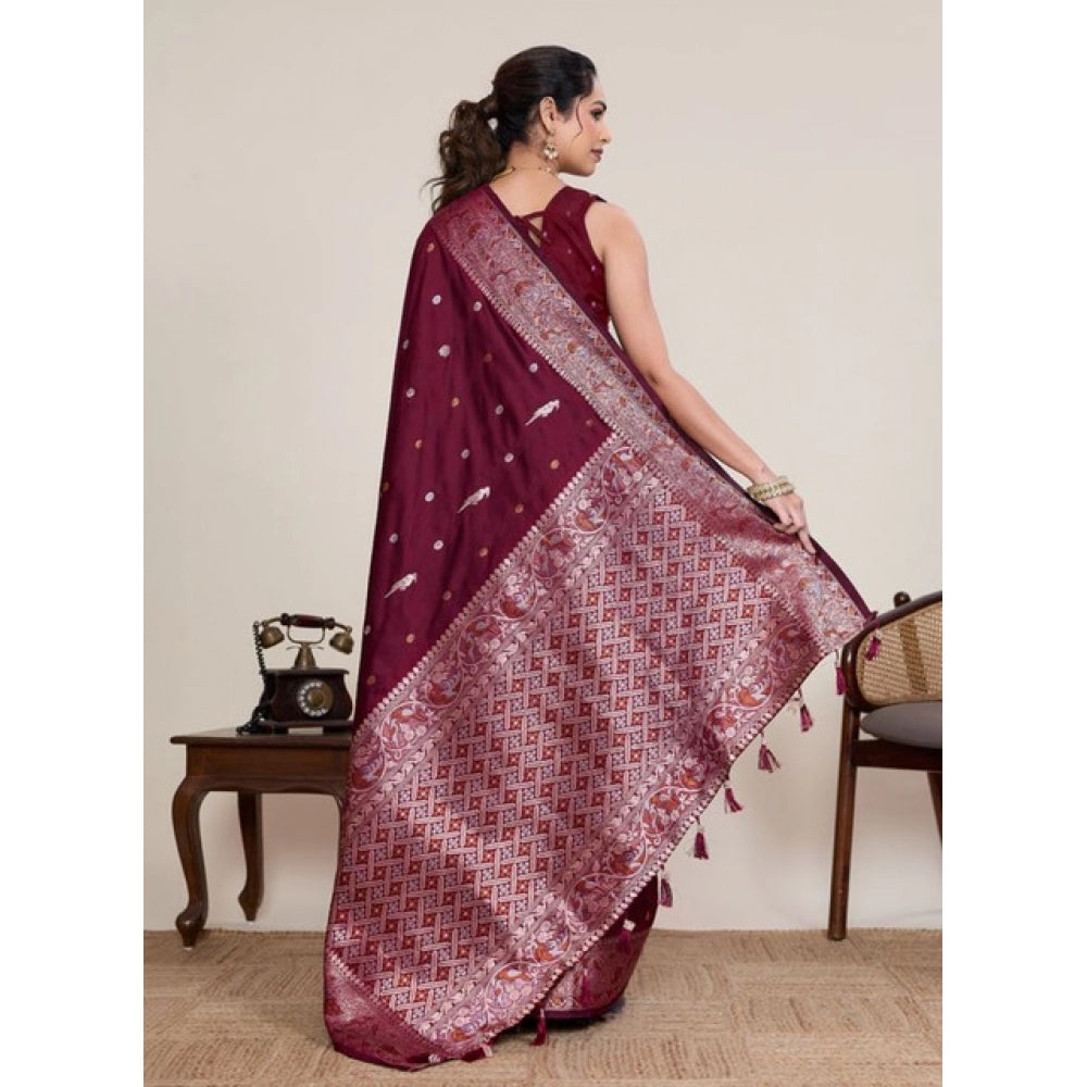 Women's Jacquard Woven Saree With Unstitched Blouse 5.5Mtr (Maroon)