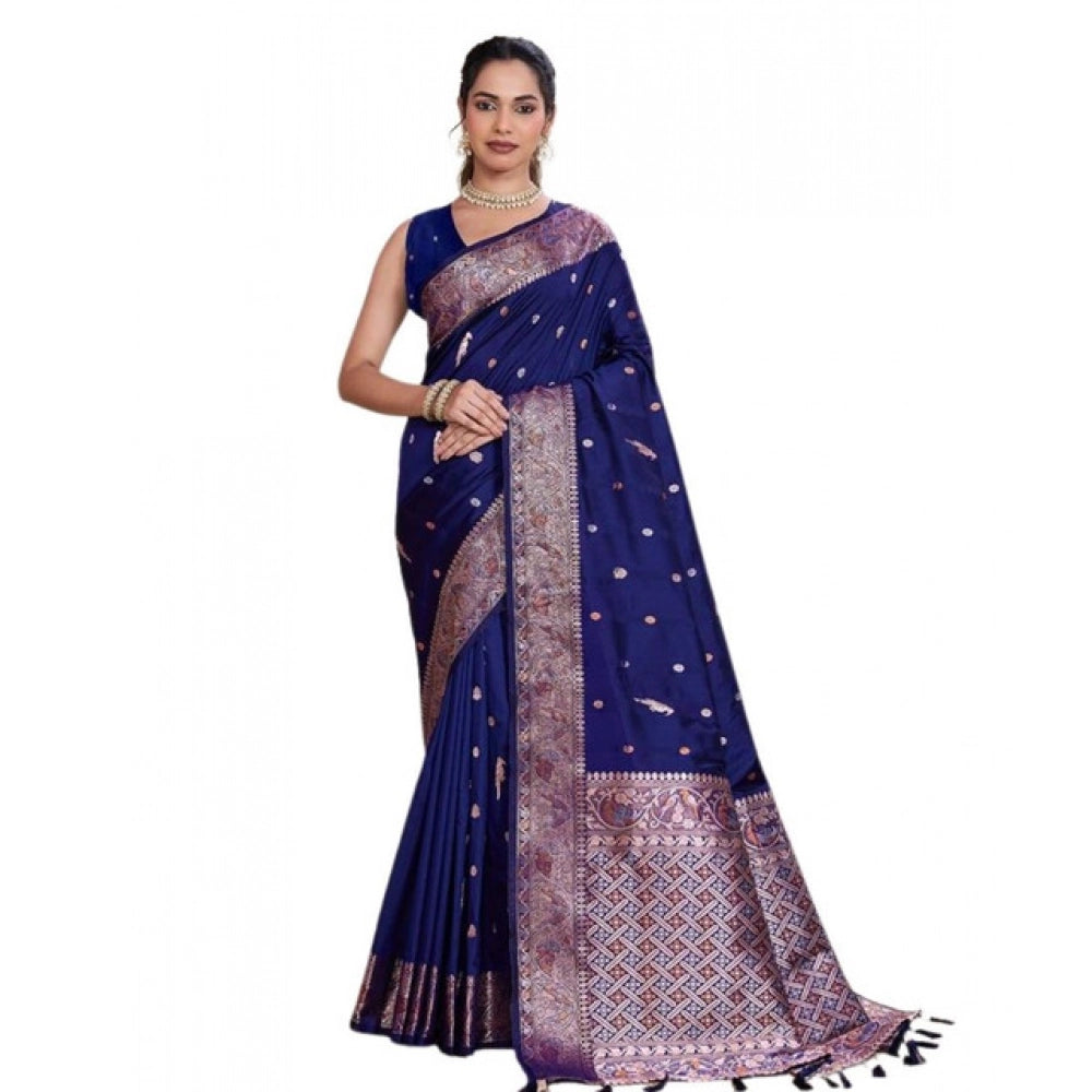 Women's Jacquard Woven Saree With Unstitched Blouse 5.5Mtr (Navy)