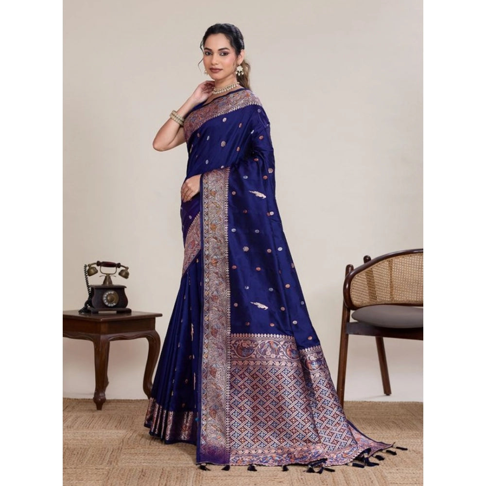 Women's Jacquard Woven Saree With Unstitched Blouse 5.5Mtr (Navy)
