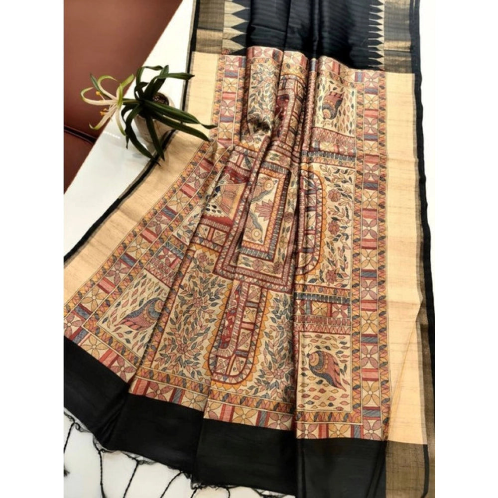 Women's Tussar Silk Madhubani Saree With Unstitched Blouse 5.5Mtr (Black)