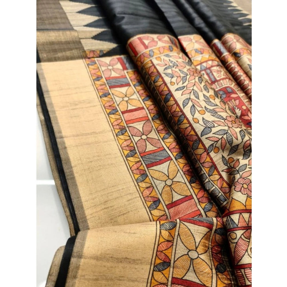 Women's Tussar Silk Madhubani Saree With Unstitched Blouse 5.5Mtr (Black)