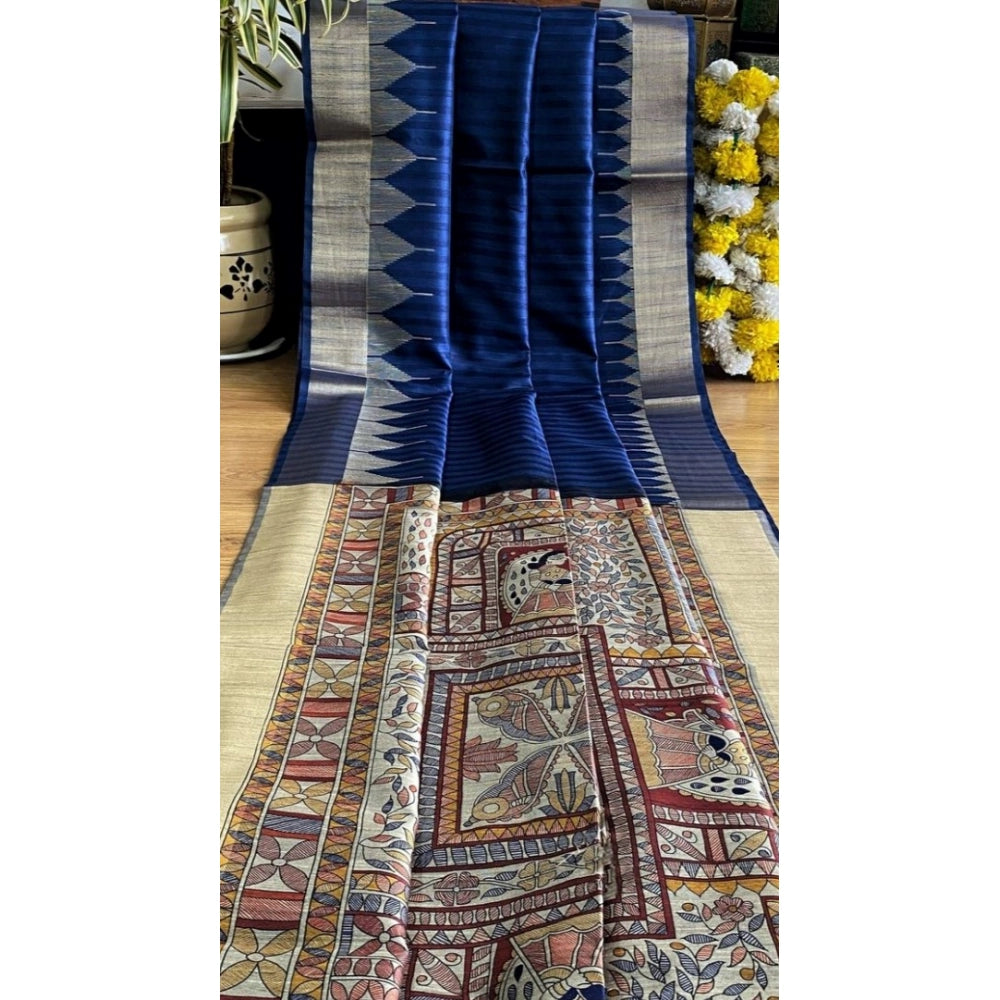 Women's Tussar Silk Madhubani Saree With Unstitched Blouse 5.5Mtr (Blue)