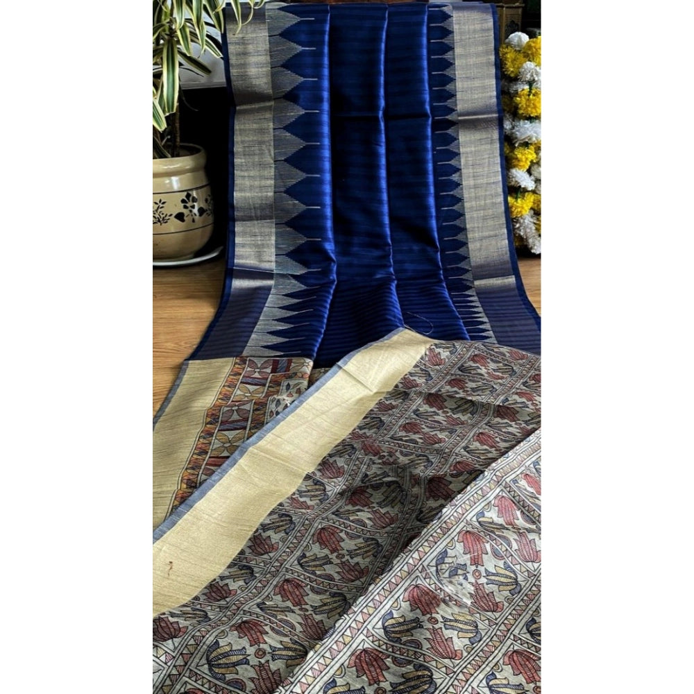 Women's Tussar Silk Madhubani Saree With Unstitched Blouse 5.5Mtr (Blue)