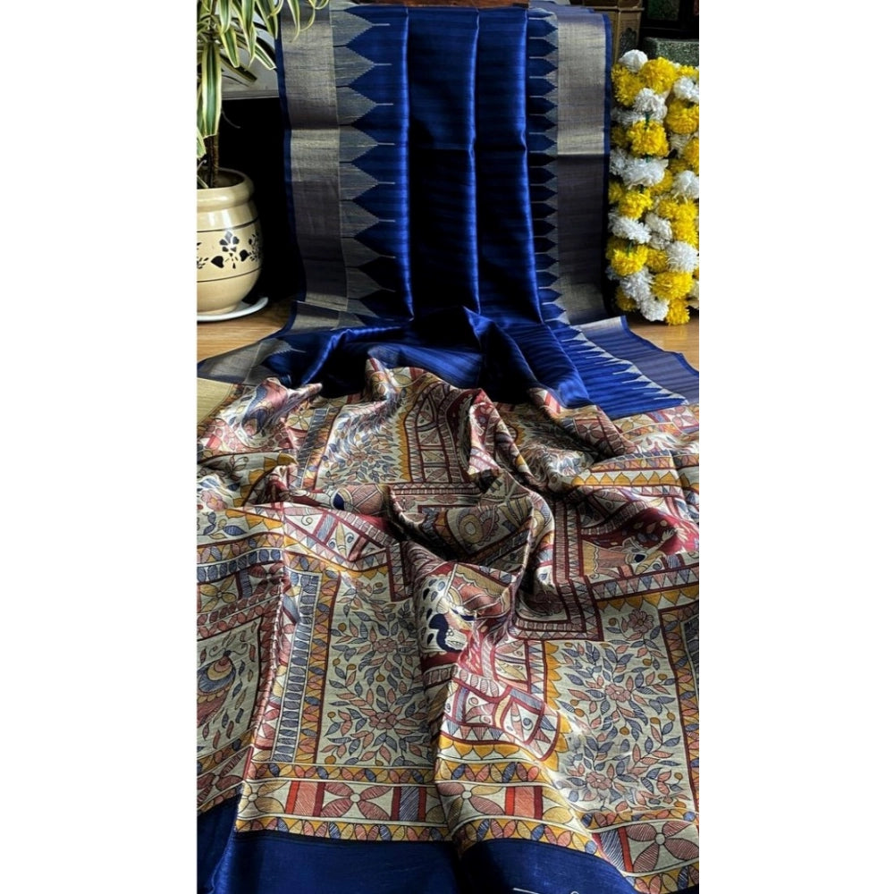 Women's Tussar Silk Madhubani Saree With Unstitched Blouse 5.5Mtr (Blue)