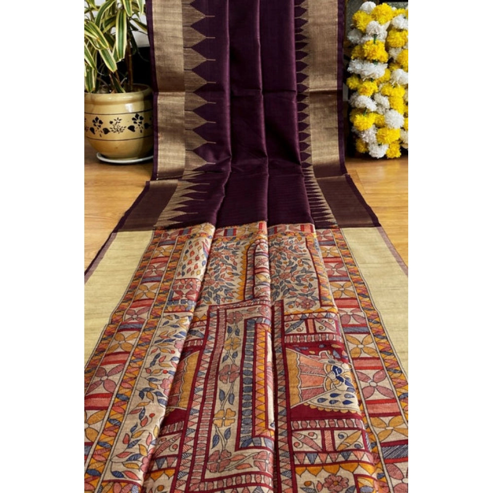 Women's Tussar Silk Madhubani Saree With Unstitched Blouse 5.5Mtr (Coffee)
