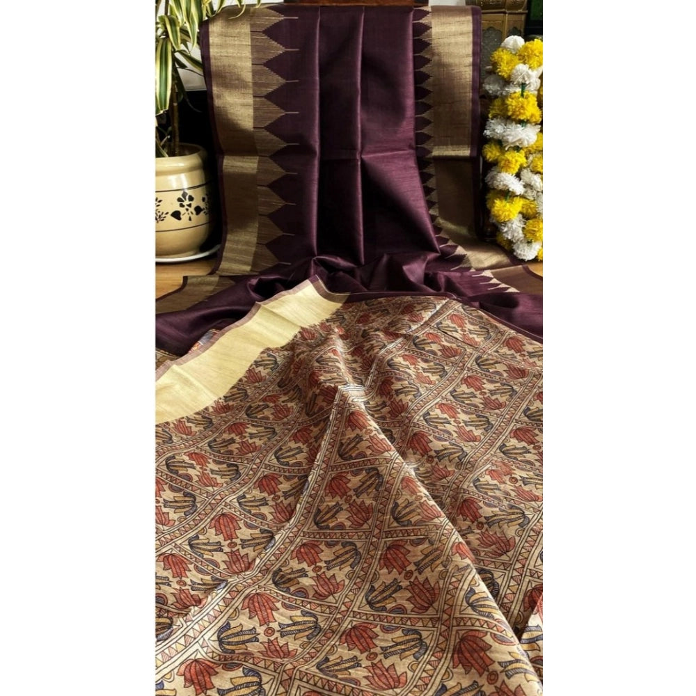 Women's Tussar Silk Madhubani Saree With Unstitched Blouse 5.5Mtr (Coffee)